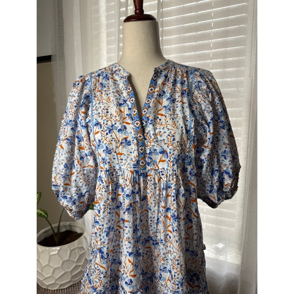 Poupette St Barth Aria Floral Tiered Puff Sleeve Dress in Blue and White Size XS - Picture 3 of 9